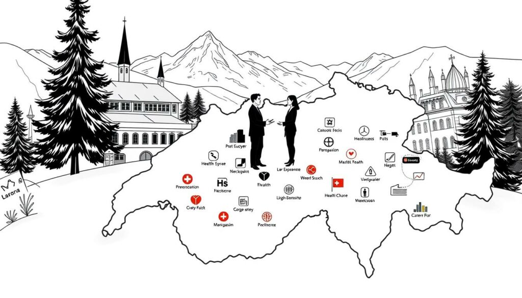 A detailed and informative black and white illustration emphasizing key facts about health insurance in Switzerland, with selective color accents highlighting important elements. In the foreground, a stylized map of Switzerland displays various regional health insurance companies using distinct symbols or logos. The middle ground features professional individuals in business attire engaged in discussion, surrounded by visual representations of healthcare statistics, such as graphs and pie charts, subtly integrated into the scenery. In the background, iconic Swiss landmarks or landscapes, like the Alps, provide context. Soft, natural lighting casts gentle shadows, creating a professional yet inviting atmosphere that conveys trust and expertise. The overall mood should be educational and engaging, inviting viewers to explore the complexities of regional health insurance in Switzerland.