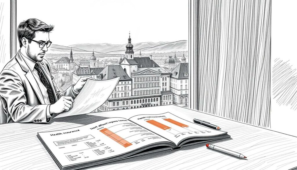 A detailed and informative illustration of insurance models in Switzerland, depicted in a pencil-drawn black and white style with selective colorful accents. In the foreground, visualize a sleek, modern office desk featuring open documents on health insurance plans and charts comparing different models. To the left, a thoughtfully posed professional wearing business attire examines the documents, reflecting focus and engagement. In the middle, a detailed infographic displays various insurance models, featuring clear symbols and diagrams that represent services and costs. The background showcases a panoramic cityscape of Switzerland, blending traditional and contemporary architecture under a bright sky, creating a sense of optimism and clarity. Soft, natural lighting illuminates the scene, emphasizing the importance of understanding insurance choices.