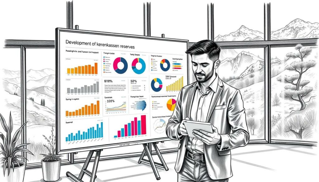 A detailed black and white illustration showing the development of Krankenkassen reserves in Switzerland, featuring a layered composition: in the foreground, a business professional in modest casual attire reviewing charts and graphs on a sleek digital tablet, expressing curiosity and engagement. In the middle ground, a large, transparent board displaying colorful infographics and pie charts representing reserve statistics and growth trends, interspersed with vibrant accent colors to highlight key data points. The background features a modern office setting with large windows overlooking scenic Swiss mountains, showcasing a soft, natural light that creates a warm and inviting atmosphere, evoking a sense of professionalism and contemplation. The entire scene is rendered in pencil with selective color highlights to draw attention to important aspects of the data.