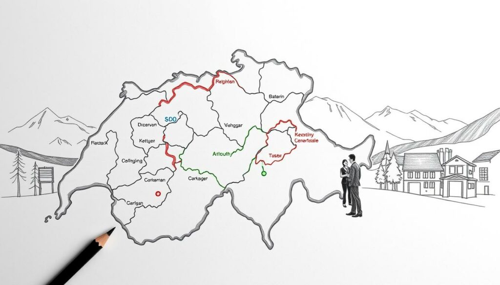 A detailed black and white pencil drawing depicting the concept of "Kantone Schweizer Krankenversicherung," illustrating regional differences in health insurance across Swiss cantons. In the foreground, a stylized map of Switzerland, marked with colorful accents representing different insurance premiums in various regions. In the middle ground, simplistic human figures in professional attire, engaged in discussion, symbolize the analysis process of health insurance differences. The background features the Swiss Alps and urban landscapes, sketched softly to create a sense of depth. The overall lighting is soft and diffused, creating a calm and analytical atmosphere, with a focus on clarity and detail in the drawing.