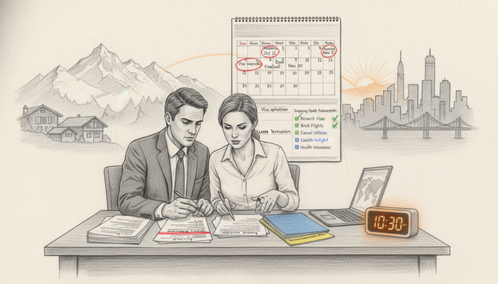 A detailed black-and-white pencil drawing depicting the process of moving abroad, specifically reflecting the important deadlines and formalities involved. Foreground: a professional-looking couple in modest business attire, reviewing documents and planning their move, with expressions of focus and determination. Middle ground: a large calendar with clearly marked dates and a checklist of tasks that include visa applications and insurance cancellation. Background: imagery of iconic Swiss landscapes fading into a new city skyline, symbolizing the transition. Include colorful accent elements, such as highlighted deadlines or important documents, to draw attention to key details. Soft, diffused lighting for a serious yet hopeful atmosphere, with a slight depth of field to emphasize the couple and their plans.
