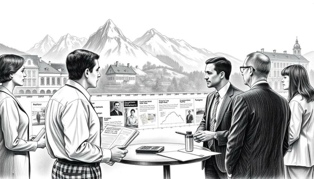 A detailed black and white pencil drawing illustrating the historical development of health insurance funds in Switzerland. In the foreground, depict a group of diverse individuals in professional attire, engaged in a discussion about health care evolution, with papers and charts scattered around. The middle ground showcases a timeline marked with significant milestones, including early health fund establishments, vintage photographs, and stylized graphics of policies and regulations. The background features an artistic representation of the Swiss landscape, blending mountains and urban architecture, symbolizing the evolution of health insurance across the nation. Use spot color accents to highlight key dates and pivotal moments on the timeline. The mood is reflective and informative, capturing the essence of historical progression. Soft, diffuse lighting enhances the ambiance, adding depth and focus to the central discussions.