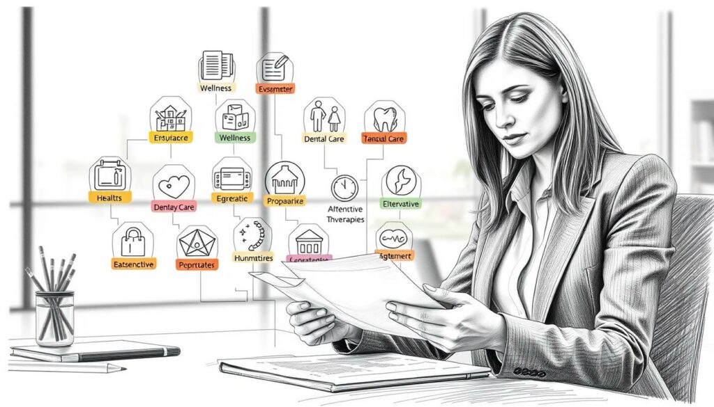 A detailed black and white pencil sketch illustrating the concept of "Zusatzleistungen Krankenkassen," with vivid specificities marked by discreet color accents. In the foreground, a professional businesswoman dressed in a smart suit reviews documents related to health insurance extras at an office desk, displaying an expression of concentration. In the middle ground, various icons symbolize health benefits such as wellness programs, dental care, and alternative therapies, interspersed among colorful highlights that draw attention to each service. The background features a softly blurred office environment, with large windows allowing natural light to illuminate the scene, creating a professional and inviting atmosphere. The overall mood reflects a sense of trust, security, and professionalism in the healthcare services sector.
