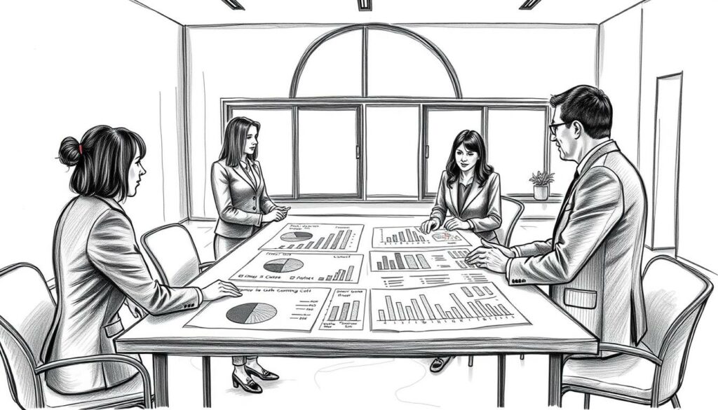 A detailed comparison of health insurance management costs, illustrated in a pencil sketch style with black and white tones, accented with selective colors to highlight key elements. In the foreground, a group of four professionals in business attire is gathered around a large table covered with charts and graphs, actively discussing and analyzing the data. In the middle, various visual representations of data, such as pie charts and bar graphs, convey the differences in management costs among different Krankenkassen. The background features a minimalist office environment with large windows allowing natural light to illuminate the space, creating a calm and professional atmosphere. The angle is slightly elevated to capture both the interactions and the data displayed, emphasizing collaboration and analysis.