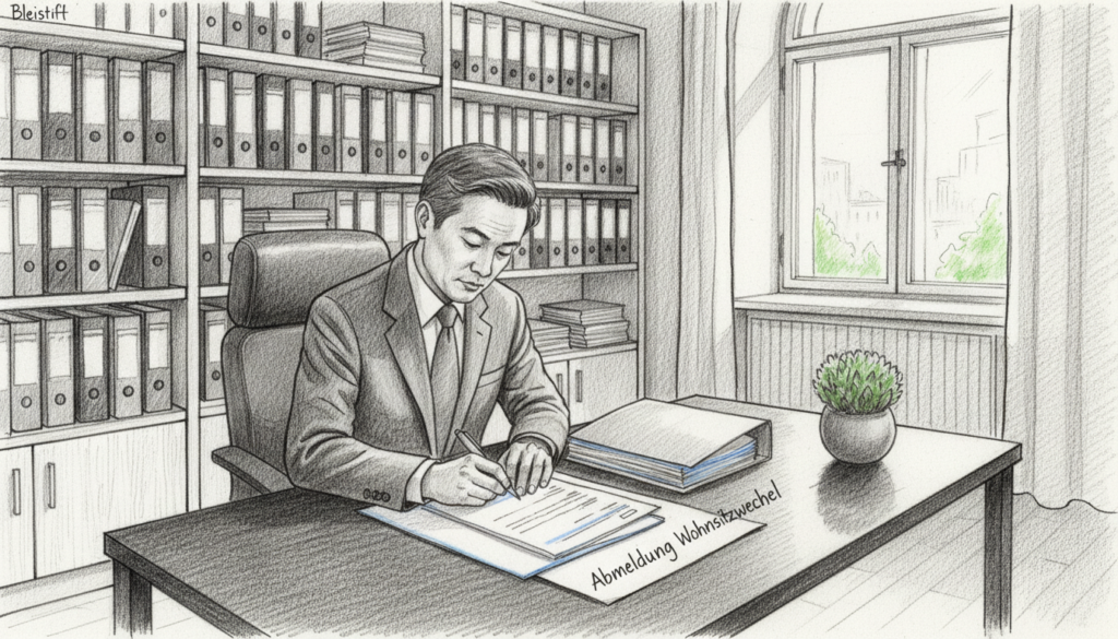 A detailed depiction of a "Abmeldung Wohnsitzwechsel" scene, showcasing a formal office setting. In the foreground, a professional figure in a business suit, a middle-aged person of diverse descent, is sitting at a sleek desk, filling out paperwork related to their residence deregistration. The middle layer features an open file with documents and a pen, with a small potted plant adding a touch of color to the monochrome setting. In the background, shelves filled with neatly organized files and a large window allowing soft natural light to pour in, creating an inviting atmosphere. The overall mood is focused and serious, with black and white pencil sketch artistry enhanced by selective color accents, such as blue on the papers and green on the plant.