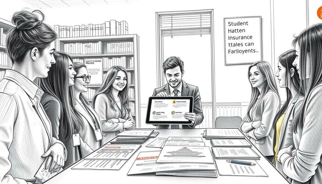 A detailed depiction of supplemental health insurance services tailored for students. In the foreground, a diverse group of students, dressed in smart casual attire, gathers around a table covered with health insurance documents and brochures, showcasing various plan options. In the middle ground, a professional advisor, wearing business attire, gestures toward a digital tablet displaying additional benefits like dental care and mental health services. The background features an academic environment with shelves of books and inspirational posters related to student health and well-being. The scene is rendered in pencil, with black and white shading, punctuated by vibrant colored accents highlighting the documents on the table. Soft, natural lighting filters through a nearby window, creating a warm and inviting atmosphere, suggesting a collaborative and informative discussion.