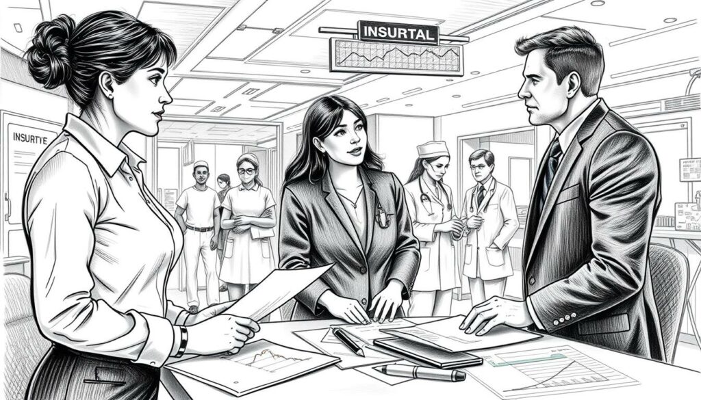A detailed illustration in black and white pencil style, featuring a diverse group of professionals in business attire discussing the impact of health insurance liquidity on the healthcare system. In the foreground, two confident individuals, a woman and a man, are engaged in animated conversation, with documents and charts spread on a table. In the middle ground, healthcare workers—nurses and doctors—are interacting with patients, highlighting the direct effects on insured individuals. The background depicts a modern healthcare facility, incorporating elements like hospital signage and medical equipment. Pointillistic colored accents emphasizing key medical symbols and financial graphs subtly illuminate the scene, creating a mood of urgency and focus while maintaining a professional atmosphere. The lighting is soft and natural, suggesting a daytime setting that reinforces openness and transparency in healthcare discussions.