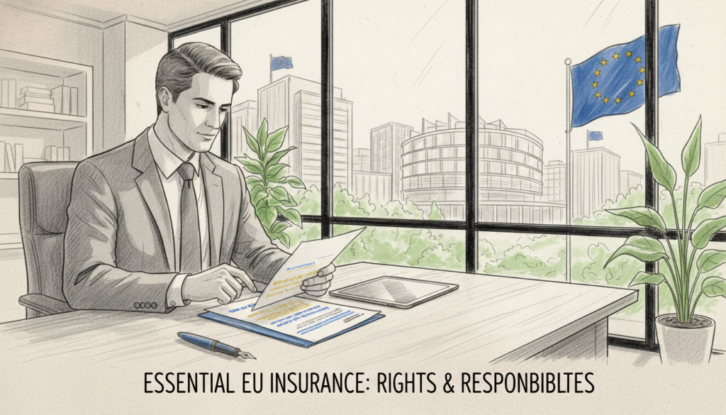 A detailed illustration in pencil sketch style with selective color accents depicting the essential requirements for basic insurance for EU citizens. In the foreground, a professional-looking individual in business attire reviews documents that outline the conditions for insurance eligibility, seated at a sleek desk. In the middle ground, a large, open window reveals a bright office environment with subtle greenery outside, symbolizing transparency and opportunity. The background features a modern cityscape with iconic EU architecture, subtly highlighted with color, emphasizing the European context. The lighting is soft and warm, creating an inviting and informative atmosphere, with a focus on clarity and professionalism. The overall mood should reflect seriousness yet a sense of hope and opportunity for understanding one's rights and responsibilities regarding health insurance.