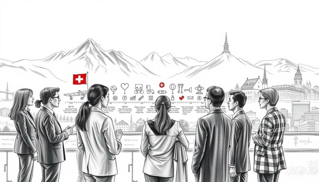 A detailed illustration representing the evolution of health insurance in Switzerland, captured in a monochrome pencil sketch style with selective color accents. In the foreground, a diverse group of professional individuals in business attire engaged in a discussion, showcasing teamwork and collaboration on healthcare reforms. In the middle ground, a timeline-like visual demonstrates key historical milestones of Swiss health insurance, featuring iconic symbols like the Swiss flag and various healthcare symbols. The background reveals the beautiful Swiss landscape, including mountains and urban settings, subtly shaded in grey tones to provide depth. Soft, natural lighting highlights important elements, creating an inspiring and reflective atmosphere that embodies the evolution and reforms in the Swiss healthcare system.