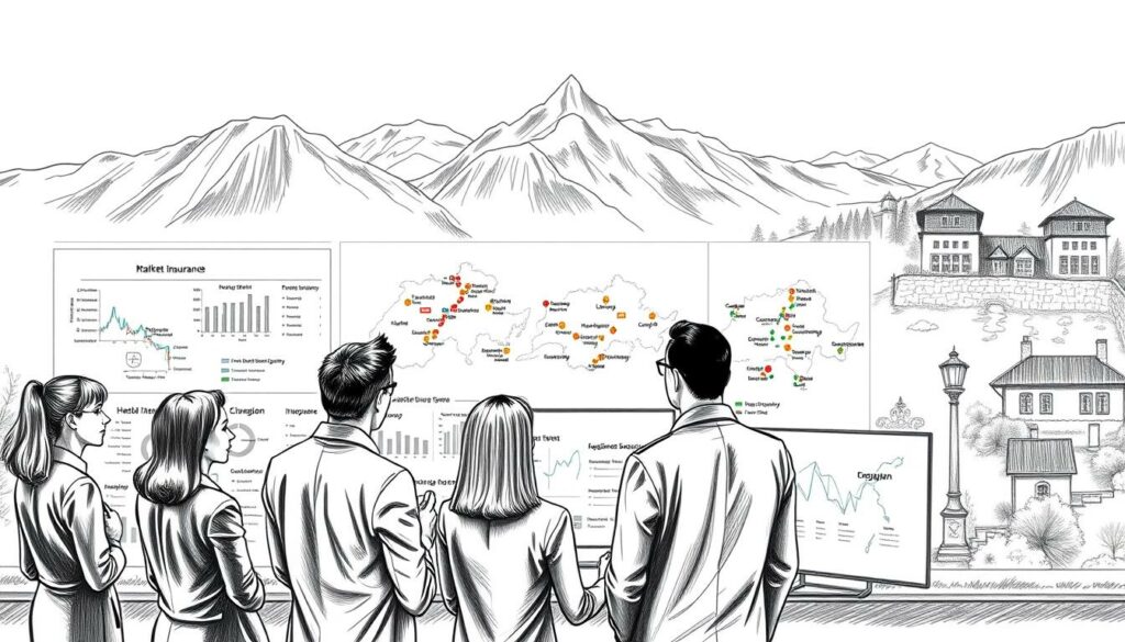 A detailed market overview of regional health insurance providers in Switzerland, illustrated in a black-and-white pencil sketch style with selective color highlights. In the foreground, a group of diverse professionals in business attire examines interactive charts and graphs showcasing various health insurance plans. In the middle ground, an assortment of maps outlines the different regions and their respective insurance companies, with color accents highlighting key areas. In the background, an elegant Swiss landscape with mountains and traditional architecture, under soft, diffuse lighting to create a calm and informative atmosphere. The scene evokes a sense of analysis and collaboration in a professional setting, focusing on the comparison of regional health insurances.