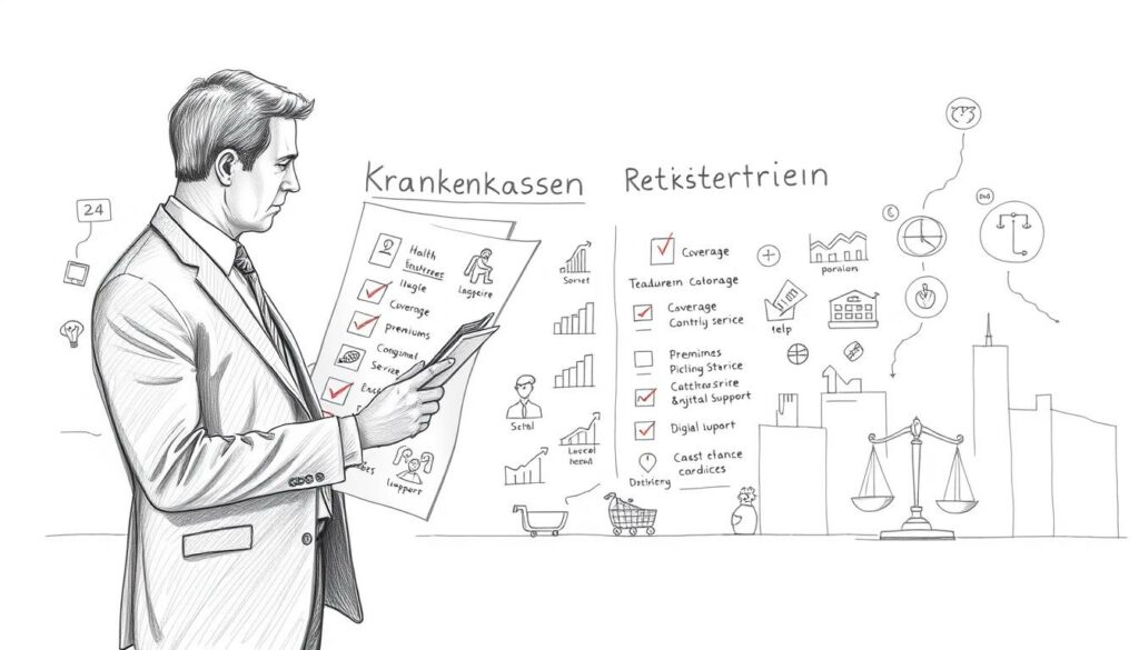 A detailed, monochromatic pencil sketch illustrating the evaluation criteria for health insurance comparisons, with selective color accents highlighting key elements. In the foreground, a professional businessperson in formal attire is analyzing a large checklist titled "Krankenkassen Bewertungskriterien," featuring icons representing important factors like coverage, premiums, customer service, and digital support. The middle ground includes an array of visual symbols, such as graphs and scale balances, depicting the comparison of various health insurance providers. In the background, a subtle silhouette of a city skyline indicates professionalism and trust. Soft, diffused lighting creates a calm and focused atmosphere, emphasizing the importance of informed decisions in health insurance choices.