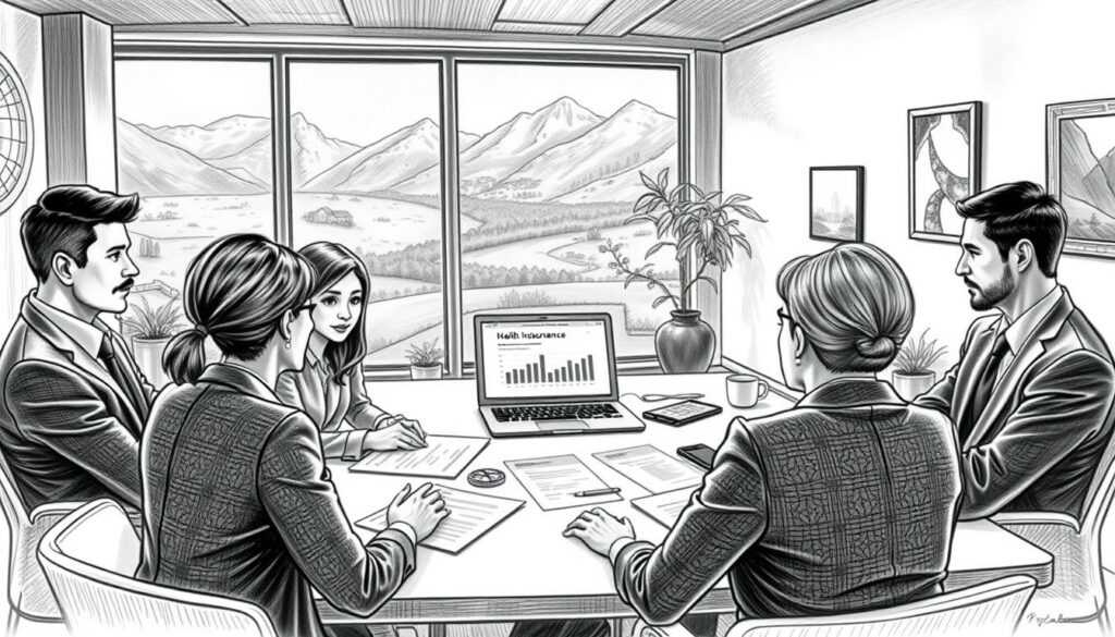 A detailed scene depicting "obligatorische Grundversicherung" in Switzerland. In the foreground, a group of diverse adults in professional business attire, discussing health insurance policies around a conference table. Their expressions convey focus and determination. In the middle ground, various documents, charts, and a laptop displaying metadata about health insurance options. The background features a modern office with large windows overlooking a scenic Swiss landscape, punctuated by colorful accents like plants and art on the walls. Soft lighting illuminates the scene, creating a calm and professional atmosphere. The image is rendered in black and white pencil style with selective color highlights, emphasizing key elements such as the documents and the landscape view.