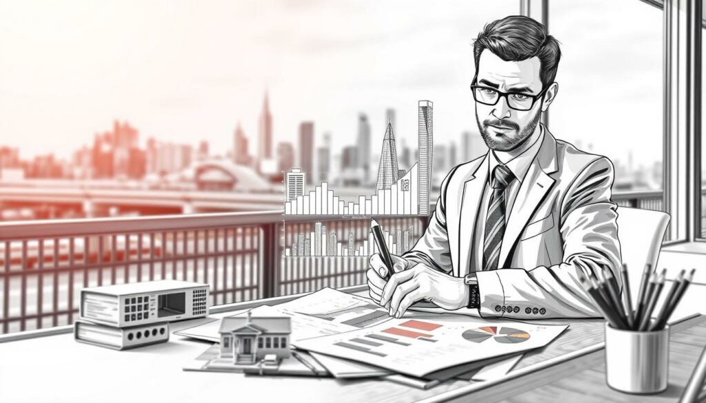 A highly detailed black and white illustration depicting the concept of "insurance parameters for cross-border commuters." In the foreground, feature a professional-looking individual in business attire, analyzing financial documents and graphs at a desk. The middle layer should include elements like charts and models illustrating different insurance factors, with selective color accents highlighting key data points. In the background, depict a blurred cityscape, representing both sides of a border, conveying the theme of cross-border commuting. The lighting should be soft and warm, creating a focused and serious atmosphere, while the angle captures the action from a slightly elevated perspective, enhancing the sense of depth and detail throughout the scene.