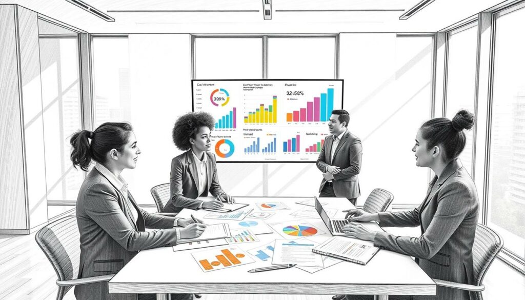 A modern office setting illustrating "cost efficiency strategies" in the healthcare insurance sector. In the foreground, a diverse group of four professionals in business attire are engaged in a discussion around a table filled with documents and charts. Their expressions are focused and collaborative. The middle ground features a large digital screen displaying colorful graphs and infographics related to cost management and strategy development. In the background, large windows let in soft, natural light, casting gentle shadows across the room. The atmosphere is dynamic yet professional, emphasizing teamwork and innovation. The entire scene is depicted in pencil grayscale with selective color accents on the graphs and documents, highlighting key points of interest.