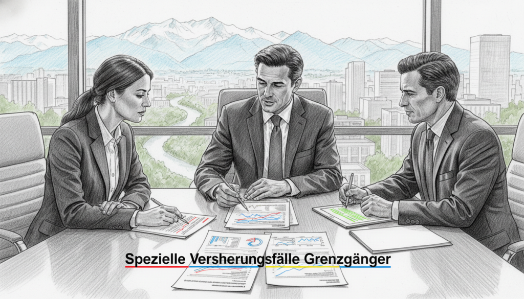 A professional business meeting scene in a bright, modern office, illustrating "Spezielle Versicherungsfälle Grenzgänger." In the foreground, a diverse group of three professionals (two men and one woman) dressed in business attire engage in a discussion, analyzing documents laid out on a sleek conference table. The middle ground features a large window showcasing a distant view of a Swiss landscape, symbolizing cross-border activities. Subtle colored accents highlight important charts and graphs on the documents. In the background, soft-focus elements of a cityscape blend with natural greenery to evoke a sense of connectivity. The atmosphere is collaborative and focused, with ample natural light enhancing the clarity of the scene. The image is rendered in black and white pencil style with selective colored highlights on key elements.