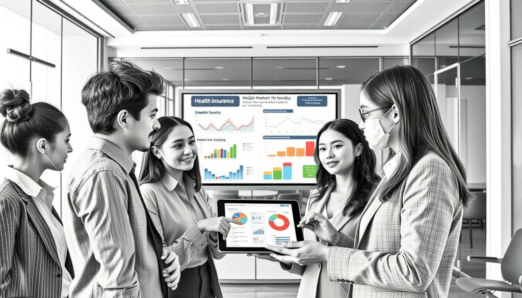 A professional office environment depicting a group of young adults in business attire, analyzing health insurance options. In the foreground, a diverse group of three students engaged in discussion over a digital tablet displaying various health insurance plans. In the middle ground, a large screen or whiteboard showcasing colorful graphs and charts that illustrate the current market overview and SERP analysis of health insurance for students. The background features a sleek, modern office emphasizing productivity with glass walls and minimalistic furniture. Soft lighting creates a focused yet inviting atmosphere, capturing a sense of collaboration and research. The entire scene is rendered in pencil in black and white, with selective bursts of color accentuating the charts and digital screen, adding depth and interest.