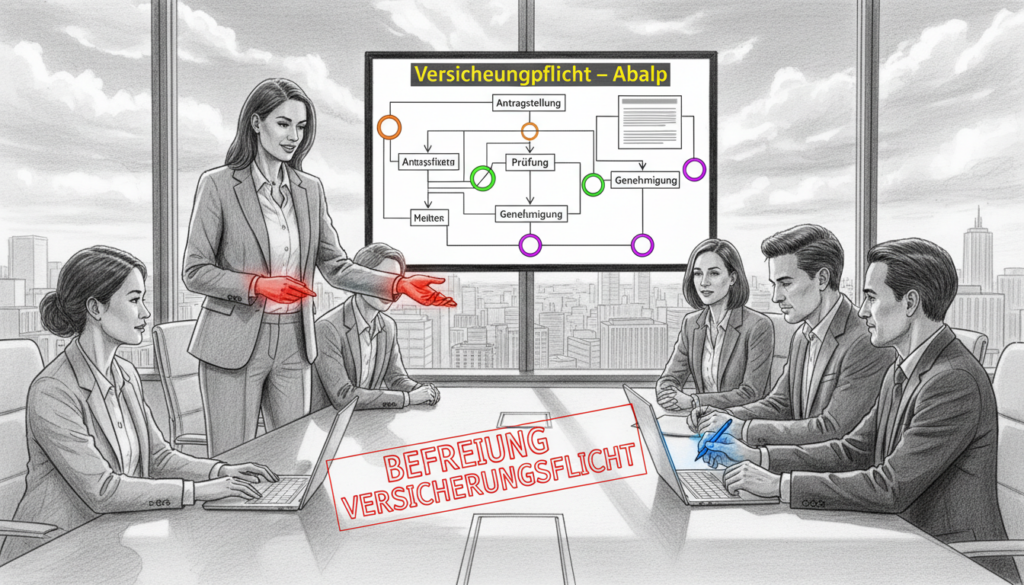 A professional scene depicting a diverse group of individuals in a modern office setting, focused on a discussion about "Befreiung Versicherungspflicht." In the foreground, a confidently dressed woman, wearing smart business attire, points at a document on the table, symbolizing clarity and understanding. Beside her, a man with a laptop is taking notes, highlighting collaboration and engagement. In the middle, a wall-mounted screen displays a flowchart about insurance obligations, with vibrant colored accents on key points to draw attention. The background features a sleek, glass window view of a city skyline, suggesting a progressive environment. The atmosphere is optimistic and focused, illuminated by soft, natural lighting, with sharp shadows adding depth. The overall style is in pencil black and white with selective bright color highlights, emphasizing the importance of the subject.