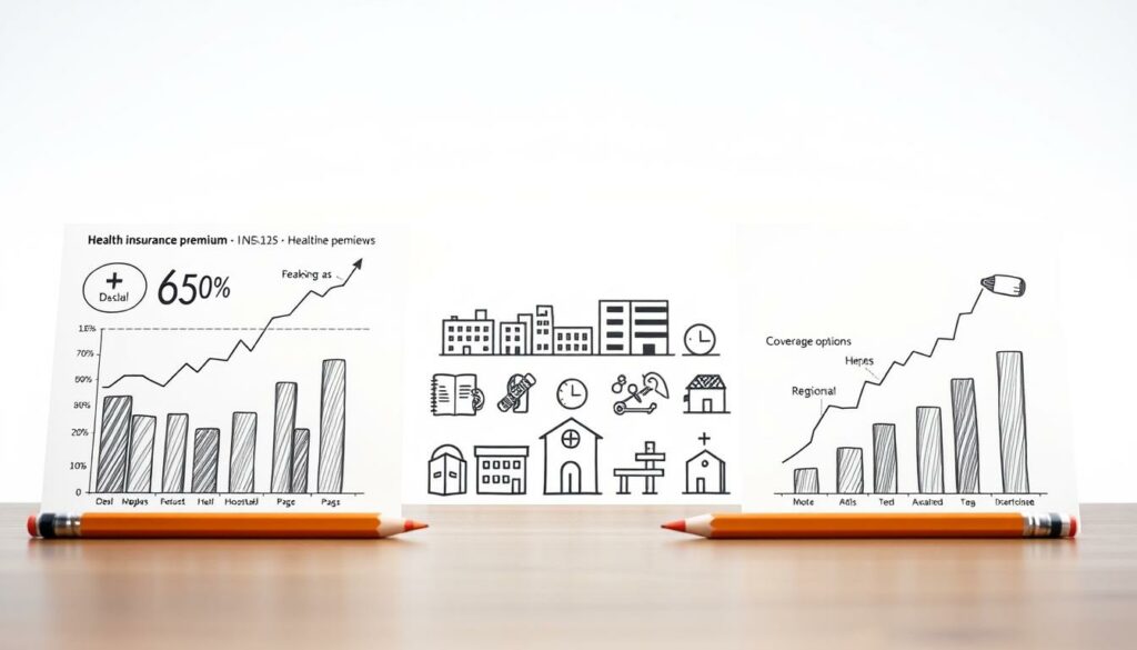A sophisticated comparison chart showcasing health insurance premium metrics, presented in a clean, professional layout. The foreground features detailed graphs with black and white pencil-style illustrations depicting various key figures such as average premiums, coverage options, and regional variations, accented with subtle pops of color for emphasis. In the middle ground, include neatly arranged icons representing healthcare services, such as hospitals and doctors, in a monochromatic scheme that harmonizes with the overall design. The background features a faint outline of a city skyline, adding context without overwhelming the subject. Soft, diffused lighting creates a calm and informative atmosphere, suggesting clarity and professionalism. The angle should be slightly elevated to provide a comprehensive view of the data, ensuring the mood is educational and engaging. A sophisticated comparison chart showcasing health insurance premium metrics, presented in a clean, professional layout. The foreground features detailed graphs with black and white pencil-style illustrations depicting various key figures such as average premiums, coverage options, and regional variations, accented with subtle pops of color for emphasis. In the middle ground, include neatly arranged icons representing healthcare services, such as hospitals and doctors, in a monochromatic scheme that harmonizes with the overall design. The background features a faint outline of a city skyline, adding context without overwhelming the subject. Soft, diffused lighting creates a calm and informative atmosphere, suggesting clarity and professionalism. The angle should be slightly elevated to provide a comprehensive view of the data, ensuring the mood is educational and engaging.