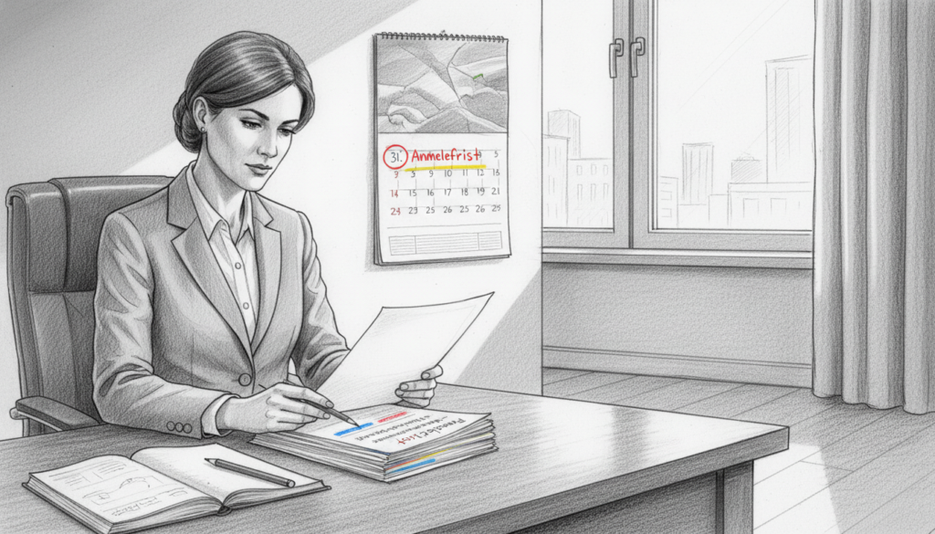 An elegant office space featuring a sleek wooden desk, adorned with documents related to health insurance registration deadlines. In the foreground, a professional in modest business attire is reviewing papers, with a focused expression. The middle ground includes a modern calendar on the wall highlighting the "Anmeldefrist" with colored accents, such as red for urgency. The background features a large window with soft, natural light streaming in, illuminating the room. The entire scene is rendered in black and white pencil sketch style, with selective pops of color to emphasize key details like the calendar and documents, creating a calm yet engaging atmosphere of professionalism and attention to detail.